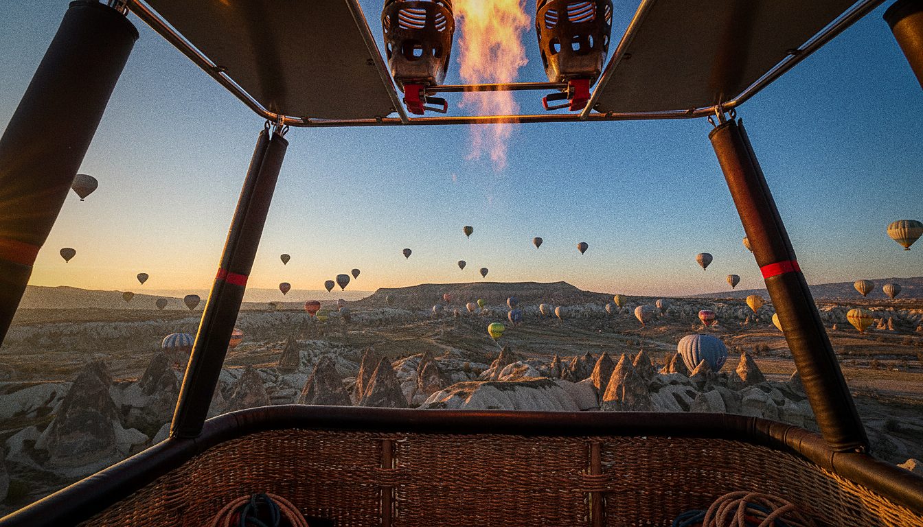 Veduta dall'interno del cesto di una mongolfiera con la fiamma del bruciatore e le valli di roccia sotto