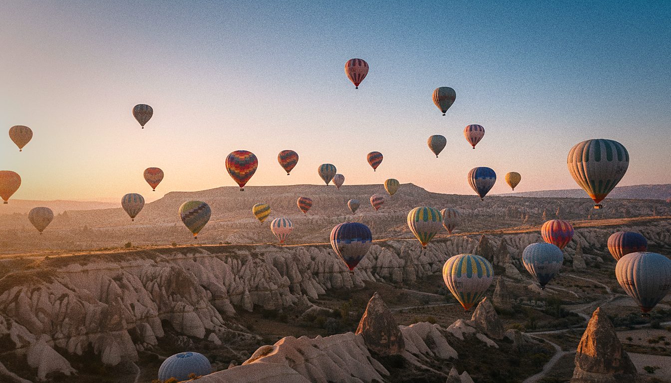 Decine di mongolfiere colorate che salgono all'alba sulle valli di roccia della Cappadocia